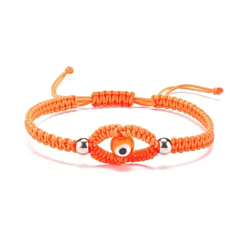 Lampwork Evil Eye Braided Bead Bracelet, Adjustable Friendship Bracelet for Women, Orange, Inner Diameter: 2-1/8~3-1/2 inch inch(5.3~8.8cm)