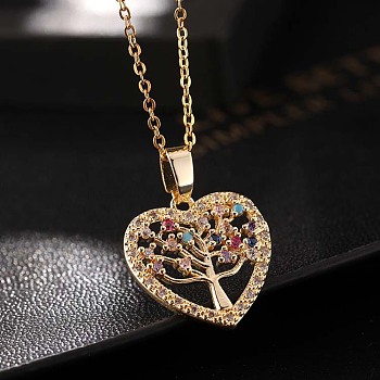 Colorful CZ Heart-shaped Tree of Life Pendant Necklace for Women