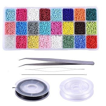DIY Stretch Jewelry Sets Kits, including Glass Seed Beads, Stainless Steel Needles & Beading Tweezers, Flat Elastic Crystal String, Mixed Color, 3mm, Hole: 1mm, 24 colors, 444pcs/color, 10656pcs