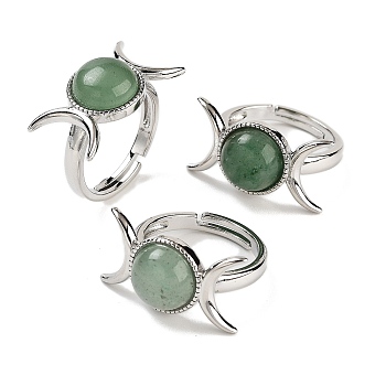 Natural Green Aventurine Adjustable Rings, Platinum Plated Brass Triple Moon Finger Rings for Women Men, US Size 7 1/4(17.5mm)