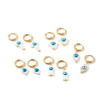 304 Stainless Steel Huggie Hoop Earrings, with Natural Shell Beads, Mixed Shapes with Evil Eye, Dodger Blue, Golden, 29~43mm, Pin: 1mm