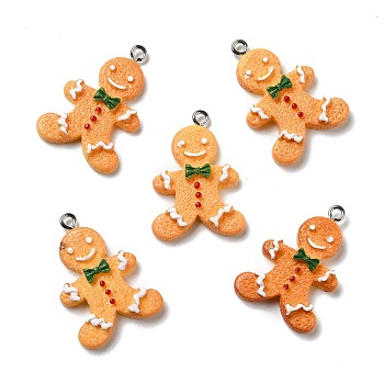 Opaque Resin Pendants, with Platinum Tone Iron Loops, Imitation Gingerbread, Christmas Theme, Gingerbread Man, Sandy Brown, 30x21x5mm, Hole: 2mm