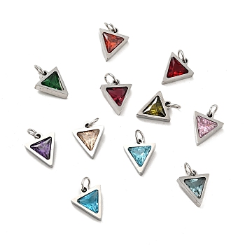 304 Stainless Steel Pendants, with Cubic Zirconia and Jump Rings, Single Stone Charms, Triangle, Stainless Steel Color, Mixed Color, 11x9.5x3mm, Hole: 3.6mm