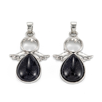 Synthetic Blue Goldstone Pendants, with Platinum Tone Alloy Findings, Angel, 35x24.5x6mm, Hole: 6x5mm