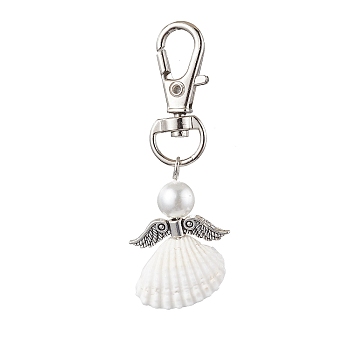 Angel Spiral Shell Pendant Decooration, Glass Pearl Round Bead & Alloy Swivel Lobster Claw Clasps Charms for Bag Ornaments, Wing, 61.5mm.
