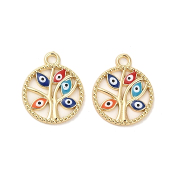 Alloy Enamel Pendants, Long-Lasting Plated, Golden, Flat Round with Tree & Evil Eye Charm, Colorful, 20x16x1.5mm, Hole: 2mm