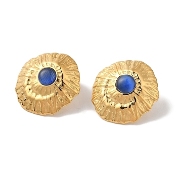 Golden Ion Plating(IP) 304 Stainless Steel Stud Earrings for Women, with Cat Eye, Nuggets With Textured, Blue, 23x21mm