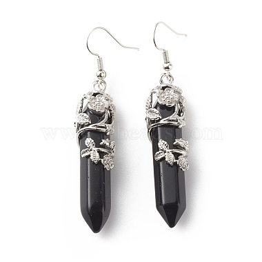 Natural Obsidian Bullet with Flower Dangle Earrings(EJEW-G300-02P-06)-2