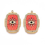 Ion Plating(IP) 304 Stainless Steel Evil Eye Enamel Pendants, with Rhinestone, Rectangle, Real 18K Gold Plated, Tomato, 32.5x22x2.5mm, Hole: 2mm(STAS-N107-04A-G)