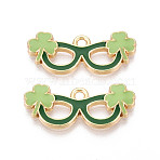 Saint Patrick's Day Alloy Enamel Pendants, Glasses Charms, Golden, Cadmium Free & Nickel Free & Lead Free, Green, 11x25x2mm, Hole: 1.8mm(ENAM-T024-44A-G)