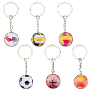 Olycraft 6Pcs 6 Style Glass Pendant Keychain, with Platinum Plated Alloy Findings, Flat Round, Mixed Patterns, 8.5~8.7cm, 1pc/style(KEYC-OC0001-23)