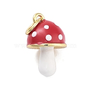 Real 18K Gold Plated Rack Plating Brass Enamel Charms, with Jump Ring, Long-Lasting Plated, Lead Free & Cadmium Free, 3D Mushroom Charm, Red, 15x10x10mm, Hole: 3mm(KK-M293-24G-02)