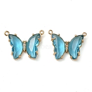 Brass Pave Faceted Glass Connector Charms, Golden Tone Butterfly Links, Sky Blue, 17.5x23x5mm, Hole: 0.9mm(FIND-Z020-03C)