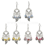 Dyed Natural Agate Beaded Tassel Earrings, Alloy Leaf Chandelier Earrings with 304 Stainless Steel Pins, Mixed Color, 60x22mm(EJEW-JE05365)