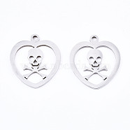 201 Stainless Steel Pendants, Laser Cut, Heart with Skull, Stainless Steel Color, 17.5x15.5x1mm, Hole: 1.4mm(STAS-T044-197P)