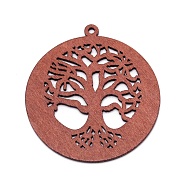 Wood Big Pendants, Flat Round with Tree of Life, Hollow, Saddle Brown, 60.5x56x2.5mm, Hole: 2mm(WOOD-WH0024-07)