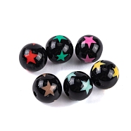 Printing Acrylic Bead, Round, Black, Star, 15x15.5mm, Hole: 3mm, 229pcs/500g(OACR-H120-04A)