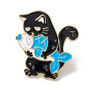 Cat with Fish Enamel Pin, Animal Alloy Brooch for Backpack Clothes, Light Gold, Colorful, 32x30x1mm(FIND-K005-14LG)