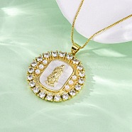 Brass Clear Cubic Zirconia Flat Round with Virgin Mary Pendant Necklaces, with Plastic Pearl and Shell, Real 18K Gold Plated, 17.64 inch(44.8cm)(NJEW-C071-07B-G)