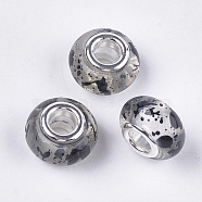 Resin European Beads, Large Hole Beads, with Silver Color Plated Brass Cores, Rondelle, Black, 14x8.5~9mm, Hole: 5mm(RPDL-S013-09A)