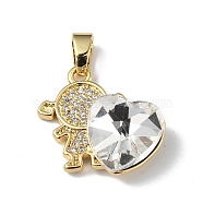 Real 18K Gold Plated Rack Plating Brass Micro Pave Clear Cubic Zirconia Pendants, with Glass, Long-Lasting Plated, Cadmium Free & Lead Free, Girl with Heart Charm, Clear, 20.8x17x8mm, Hole: 6x3mm(KK-C015-23G-13)