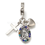 Rack Plating Alloy Colorful Rhinestone European Dangle Charms, Religion Cross & Heart & Virgin Mary Large Hole Pendants, Platinum, 31mm, Hole: 5.7mm(PALLOY-A009-03P)