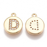 Brass Cubic Zirconia Charms, Flat Round with Letter, Real 18K Gold Plated, Clear, Letter.D, 12x10x2mm, Hole: 1mm(X-KK-T038-194G-D)
