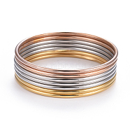 Fashion Tri-Color 304 Stainless Steel Buddhist Bangle Sets, Multi-color, 2-5/8 inch(6.8cm), 7pcs/set(BJEW-L664-022C-M)