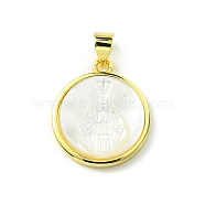 Rack Plating Brass Pave Natural Shell Pendants, Flat Round Charms, Long-Lasting Plated, Real 18K Gold Plated, Cadmium Free & Lead Free, 19.5x17x4mm, Hole: 5x3mm(KK-A204-01B-03G)