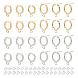40Pcs 4 Style 304 Stainless Steel Circle Ring Stud Earring Findings, with Horizontal Loops & 316 Surgical Stainless Steel Pins & 80Pcs Plastic Ear Nuts, Golden & Stainless Steel Color, 16.5~18x12~14mm, Hole: 3.2mm, Pin: 0.7mm, 10Pcs/style(STAS-UN0047-07)