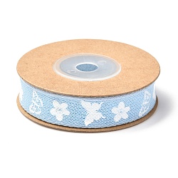 Cotton Ribbon, Wired Ribbon, Flower with Butterfly Pattern, for Gifts Wrapping Party, Light Sky Blue, 5/8 inch(17mm), about 5.4yards(5m)/roll(SRIB-F010-05B)