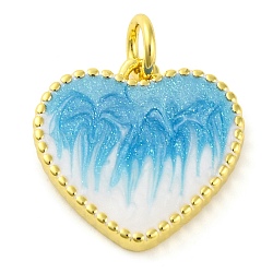 Brass Enamel Pendants, with Glitter and Jump Ring, Long-Lasting Plated, Real 18K Gold Plated, Heart Charm, Sky Blue, 15x15x3mm, Hole: 3.5mm(KK-S401-17G-B)