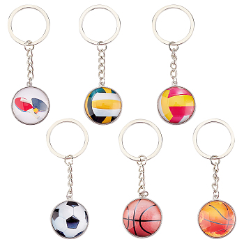 Olycraft 6Pcs 6 Style Glass Pendant Keychain, with Platinum Plated Alloy Findings, Flat Round, Mixed Patterns, 8.5~8.7cm, 1pc/style