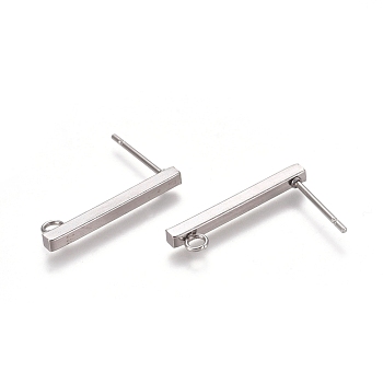 304 Stainless Steel Stud Earring Findings, with Loop, Rectangle, Stainless Steel Color, 20x2x2mm, Hole: 1.5mm, Pin: 0.8mm