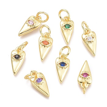 Brass Micro Pave Cubic Zirconia Pendants, with Jump Ring, Heart with Eye, Real 18K Gold Plated, Mixed Color, 12x5.5x2.3mm, Jump Rings: 5x0.8mm, Inner Diameter: 3mm