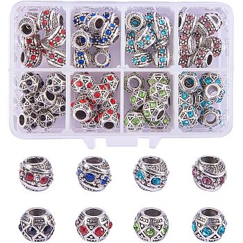 NBEADS Alloy Rhinestone European Beads, Rondelle Large Hole Beads, Antique Silver, Mixed Color, 11x9~10mm, Hole: 5mm, 72pcs/box