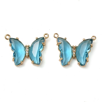 Brass Pave Faceted Glass Connector Charms, Golden Tone Butterfly Links, Sky Blue, 17.5x23x5mm, Hole: 0.9mm