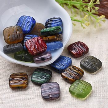 Czech Glass Beads, Retro Style, Square with Wave Pattern, Mixed Color, 16x15x6mm, Hole: 1mm, about 60pcs/bag