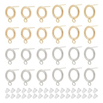 40Pcs 4 Style 304 Stainless Steel Circle Ring Stud Earring Findings, with Horizontal Loops & 316 Surgical Stainless Steel Pins & 80Pcs Plastic Ear Nuts, Golden & Stainless Steel Color, 16.5~18x12~14mm, Hole: 3.2mm, Pin: 0.7mm, 10Pcs/style