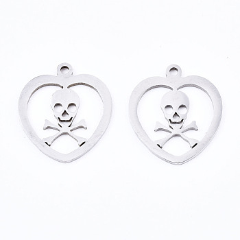 201 Stainless Steel Pendants, Laser Cut, Heart with Skull, Stainless Steel Color, 17.5x15.5x1mm, Hole: 1.4mm