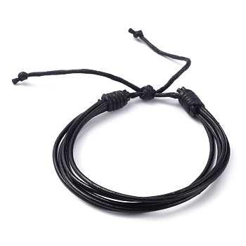 Adjustable Unisex Cowhide Leather Cord Bracelets, with Waxed Cotton Cord, Black, 2 inch~2-7/8 inch(5.25~7.35cm)
