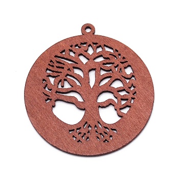 Wood Big Pendants, Flat Round with Tree of Life, Hollow, Saddle Brown, 60.5x56x2.5mm, Hole: 2mm