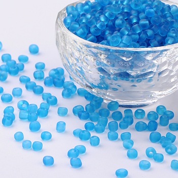 (Repacking Service Available) Glass Seed Beads, Frosted Colors, Round, Sky Blue, 8/0, 3mm, about 12g/bag