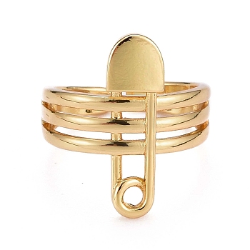 Brass Cuff Rings, Open Rings, Long-Lasting Plated, Safety Pin Shape, Real 18K Gold Plated, US Size 6(16.5mm)