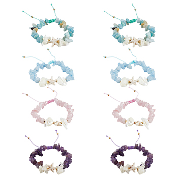 8Pcs 4 Styles Natural Gemstone Chip Braided Bead Bracelets, Adjustable Synthetic Turquoise & Natural Shell Braided  Bracelets for Women, Starfish, with Nylon Thread, Inner Diameter: 2-1/4~3-1/2inch(5.7~9cm), Starfish: 14x13x5mm, 2pcs/style