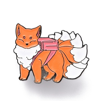 Nine Tailed Fox with Bag Enamel Pin, Animal Alloy Enamel Brooch for Backpack Clothes, Electrophoresis Black, Dark Orange, 23.5x30x10.5mm, Pin: 1mm.