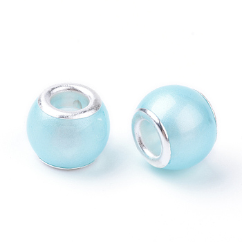 Glass ABS Plastic Imitation Pearl European Beads, Large Hole Beads, Rondelle, with Silver Color Plated Brass Cores, Light Sky Blue, 11.5~12x9~10mm, Hole: 5mm