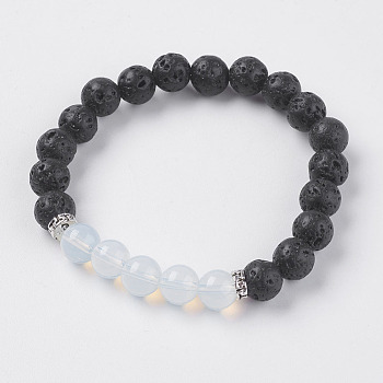 Natural Lava Rock and Opalite Beads Stretch Bracelets, with Alloy Finding, 2 inch(52mm)