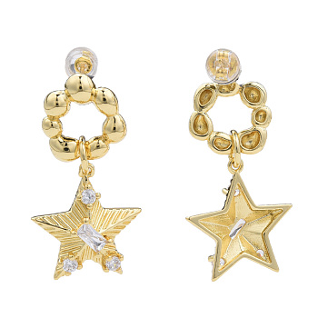 Cubic Zirconia Star Dangle Earrings, Golden Brass Jewelry for Women, Nickel Free, Clear, 34mm, Pin: 0.7mm