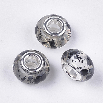 Resin European Beads, Large Hole Beads, with Silver Color Plated Brass Cores, Rondelle, Black, 14x8.5~9mm, Hole: 5mm